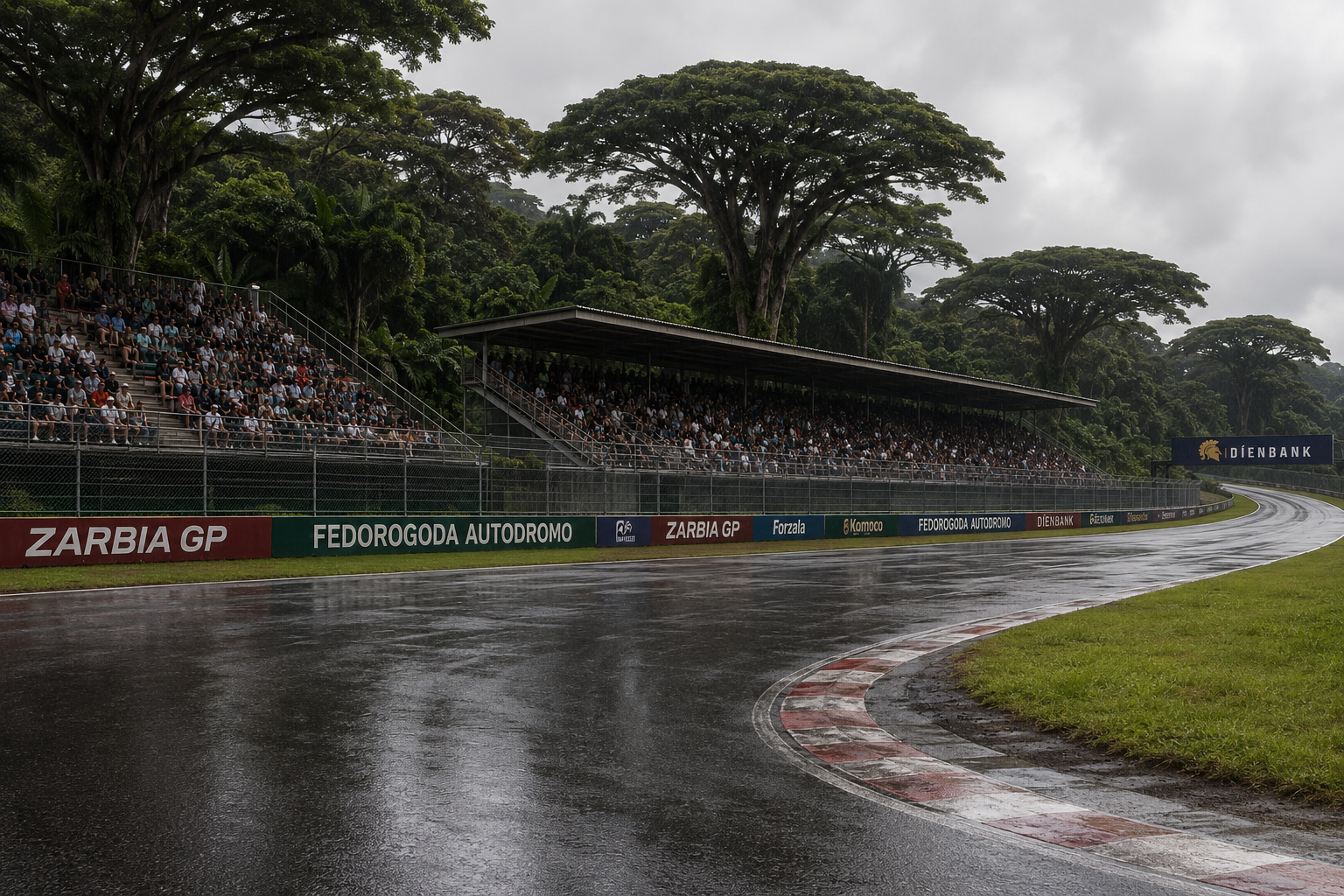 Rain-soaked corner at the Fedorogoda Autodromo, lined with trackside advertising and packed grandstands under a jungle canopy.