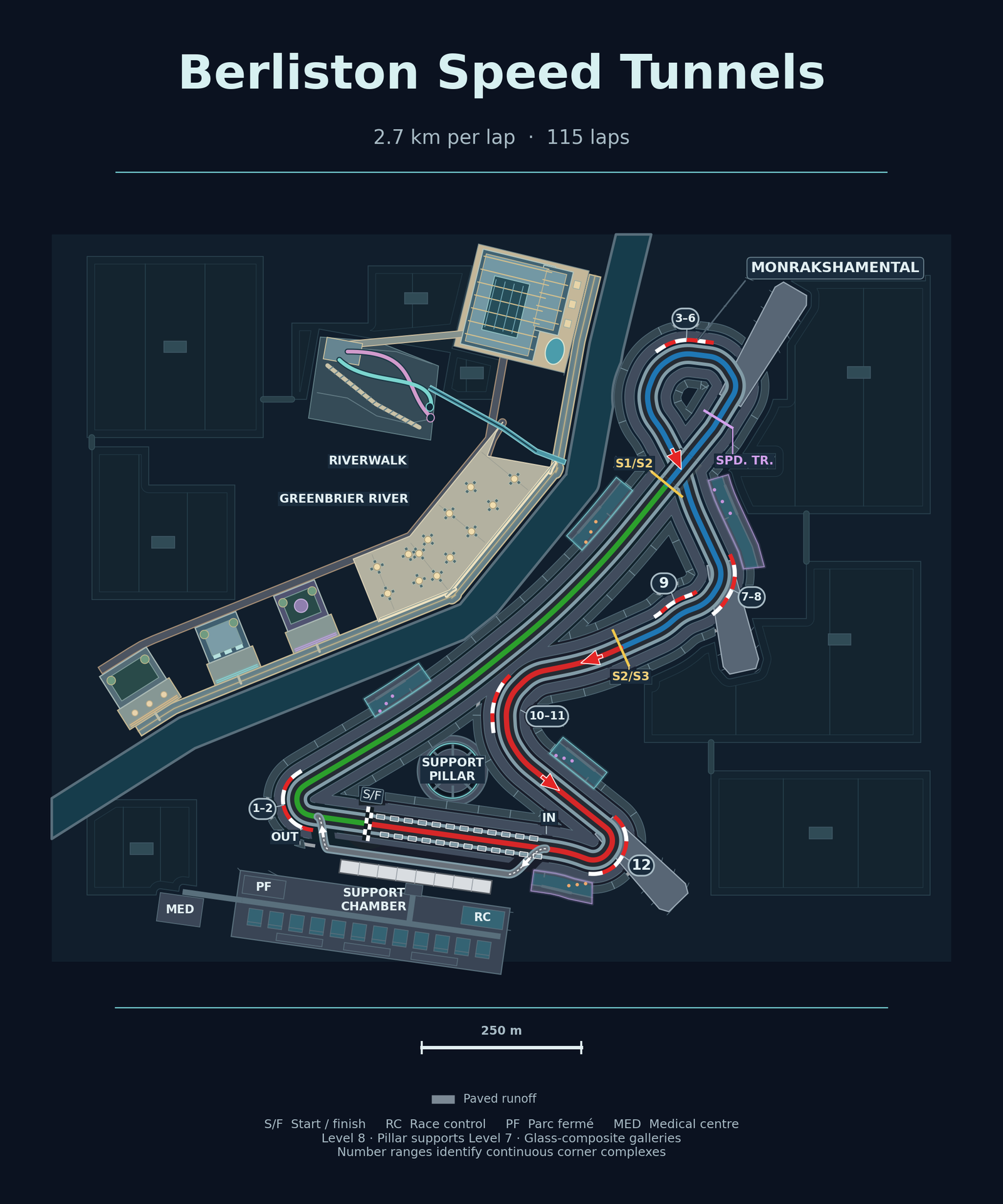 Track map of the Berliston Speed Tunnels, a 2.7 km, 115-lap circuit held entirely underground.