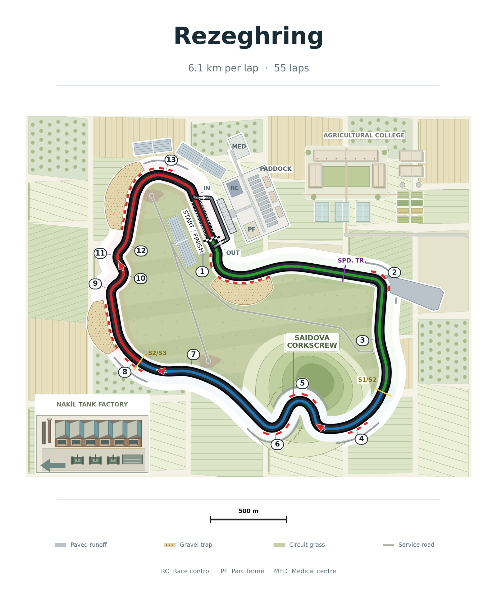 Track map of the Rezeghring, a 6.1 km, 55-lap circuit featuring the Saidova Corkscrew corner complex.